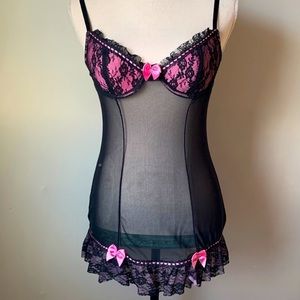 Vintage Y2K Sheer Black Slip w Pink and Black Cupcake Lace Bra•NWOT